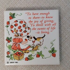 Vintage 1981 Jasco Strawberry Girl Dog Ceramic Tile Trivet Wall Decor 4.25"